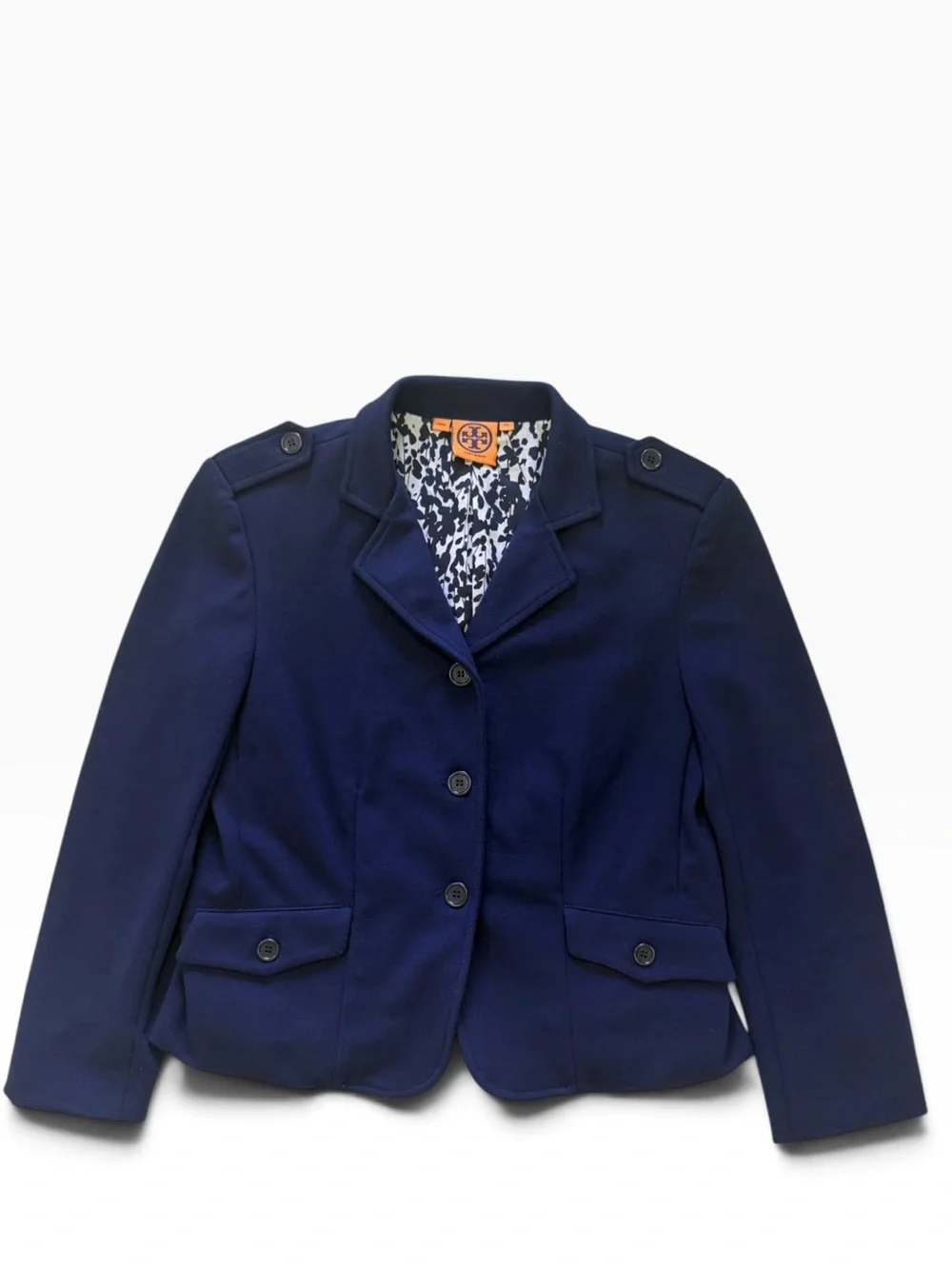 Tory Burch Navy Stretch Knit Military Blazer Jacket XS Printed Lining Epaulets